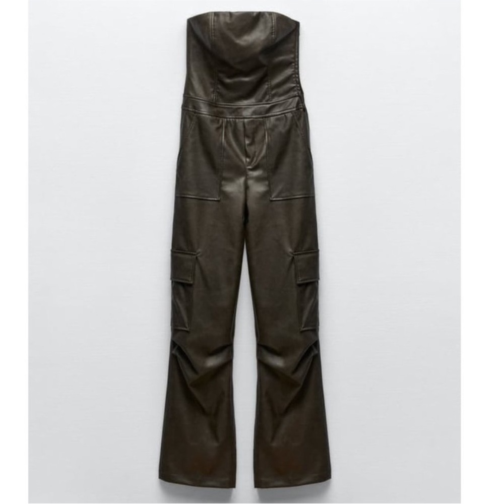 Zara Faux Leather Strapless Cargo Wide Leg Jumpsuit Brown Overalls Romper Small